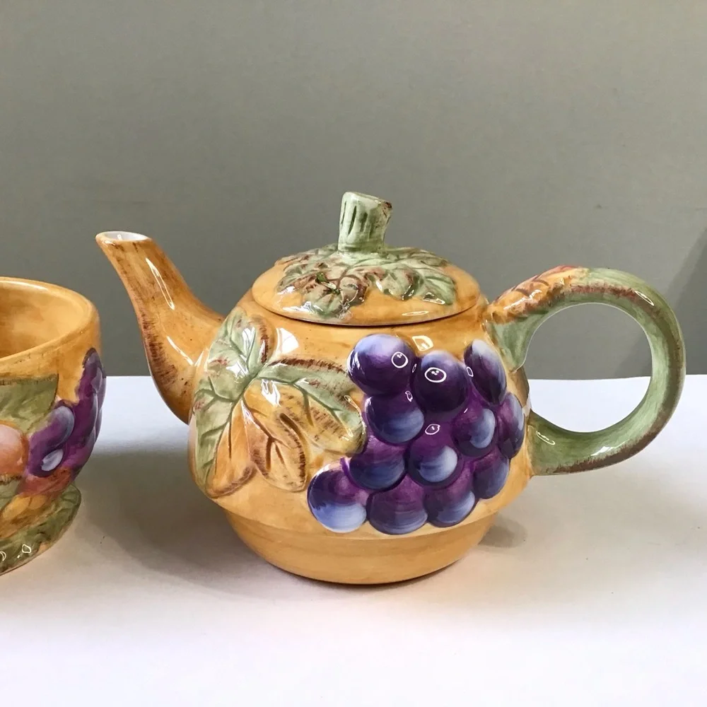 Vintage Gibson Tea For One Stacked Teapot & Cup Set Harvest Pantry Fruit Leaves